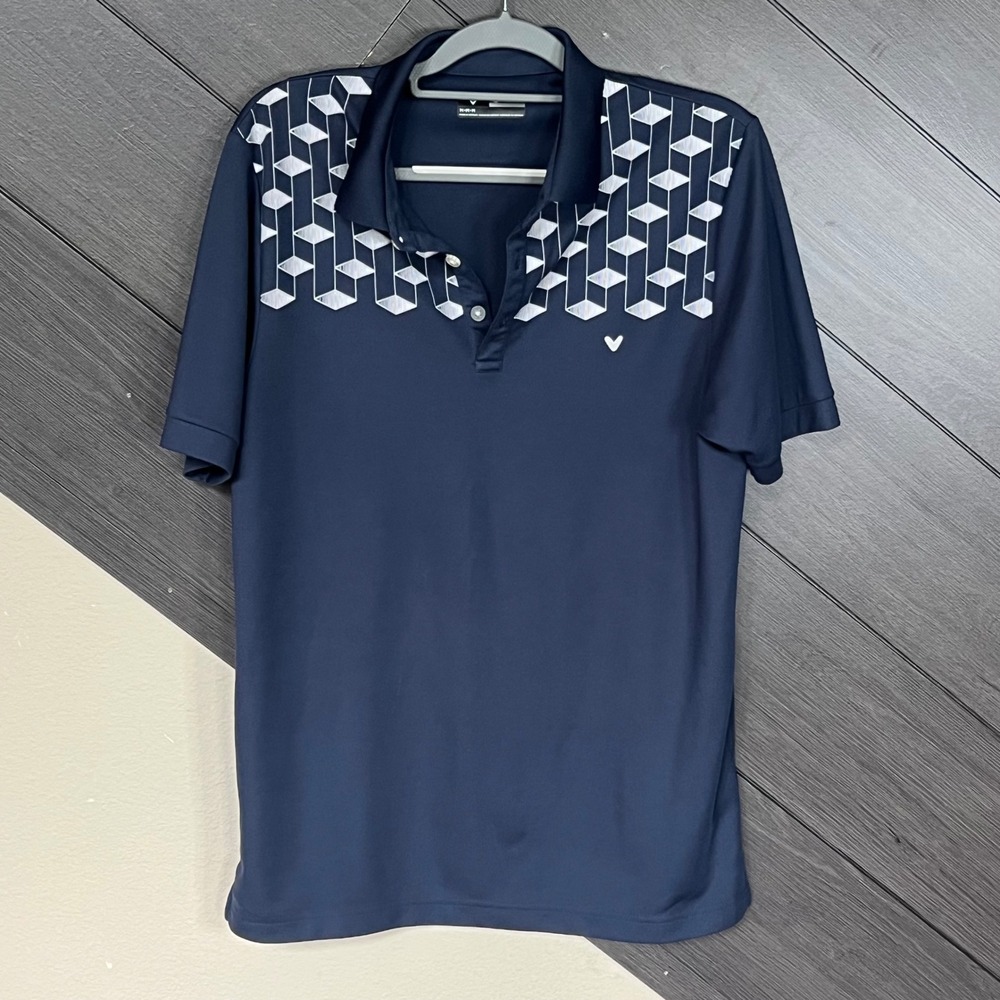 Callaway‎ Opti-Dri Navy Blue Geometric Print Golf Polo Shirt Men's Size M